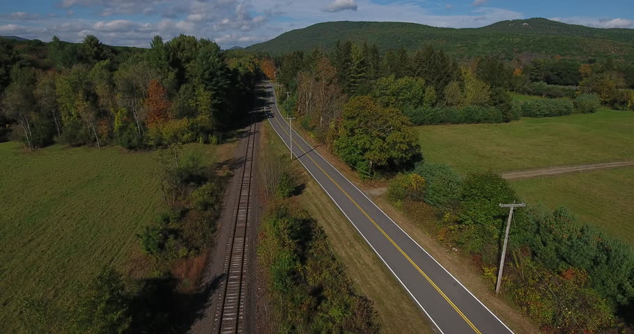 Aerial view of the Autumn foliage along a rural road in Massachusetts.