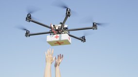 CLOSE UP: UAV aerial drone delivery. Multicopter flying with first aid medicine package. Person' arms receiving first aid SOS delivery drone from sky. Medical air shipment by first responder drone - Powered by Shutterstock - Get 15% off with code: PIKWIZARD15