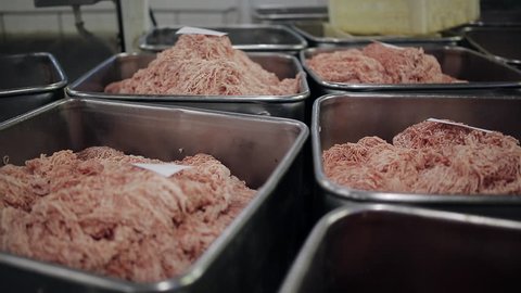 production of minced meat for sausages. A lot of minced meat from pork and beef