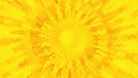 A golden sun shinning hot. Animation of abstraction light tunnel. Abstract motion background with rays of yellow and red light. Fiery circles. Quick action. Summer background. Computer generated.