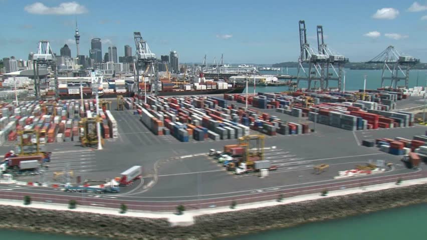 Scenic helicopter flight over the Auckland port facility with its gantry cranes