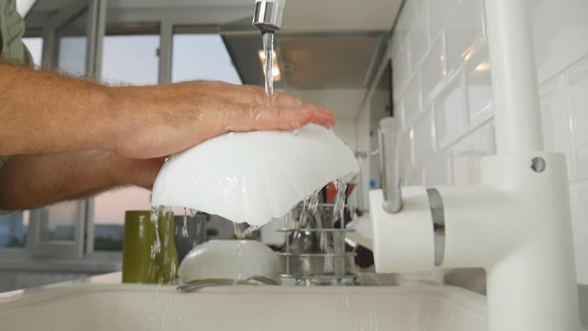 Slow Motion Man Washes the Dishes in the Kitchen Sink | Shutterstock HD Video #31872826