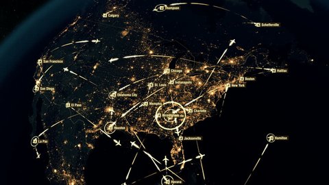 Flight Paths Over North America. North American Air Routes. Flight Connections. Global Communications - Destinations all over the World. Airport International Connectivity. City Lights and Names. 4k.