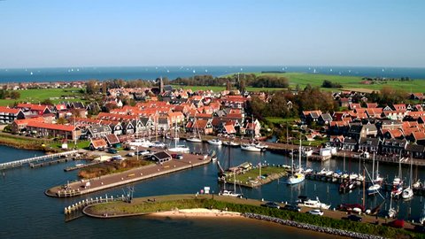Aerial view of harbor of the traditional and historic Dutch village Marken (next to Volendam, The Netherlands). 