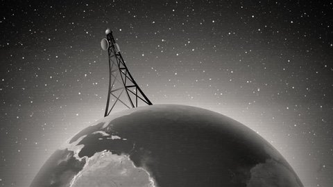 An old-fashioned graphic of an antenna transmitting a signal around the world, with audio.  Stock Video