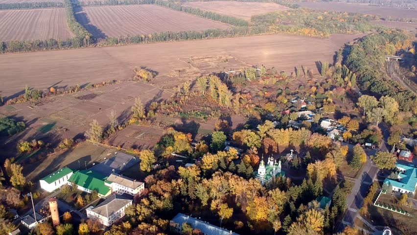 Aerial views on battle of Poltava place in Ukraine. Battle of Poltava, (8 July 1709), the victory of Peter I the Great of Russia over Charles XII of Sweden in the Great Northern War. 