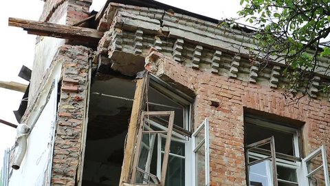 Destruction of the house from gas explosion. Ruins of building after gas explosion inside living premise, Kiev, Ukraine. Building to be demolished