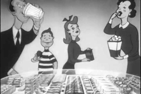 CIRCA 1950s - Animated concession stand products sing for theatergoers to buy popcorn, candy and soda pop, at the movies, in a snipe, in 1953.