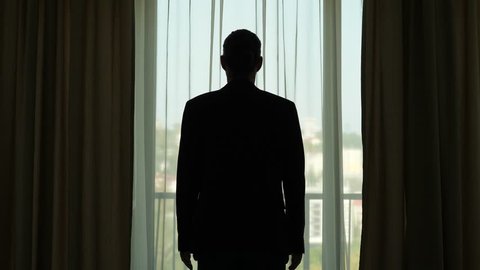 Man In Casual Suit Stand Stock Footage, Hipster Window Curtains