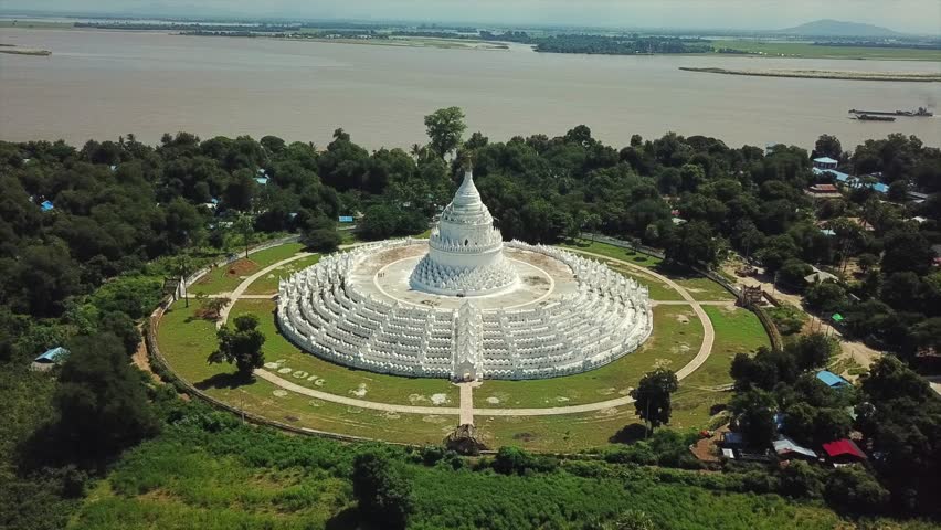 The Hsinbyume white pagoda, Mingun, Myanmar,aerial view from the drone