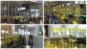 Sunflower oil on the production line ; Factory for the production of refined sunflower oil, a production line.Various video clips compiled in multi screen montage