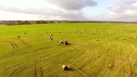 The tractor is stacking haystacks on an agricultural field in autumn, aerial view