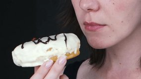 Closeup Video Of Woman mouth Eating Doughnut With Appetite, Unhealthy Food