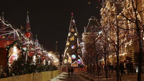 Moscow, Russia - January, 2017: People on Christmas market on Red Square in Moscow, Russia