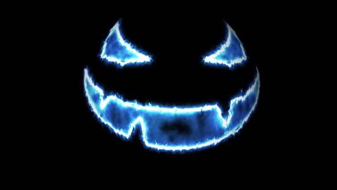 4K blue glowing scary halloween pumpkin face animation loop or background for advert, projection or event