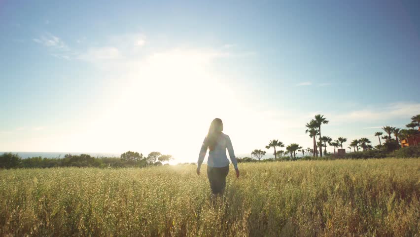 Beautiful girl walking and upping her arms in a wheat field with the sun behind