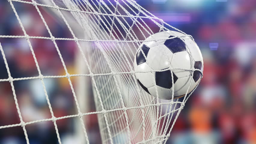 Beautiful Soccer Ball flies into Goal Net in Slow Motion. Football 3d animation of the Goal Moment. 4k Ultra HD 3840x2160. Royalty-Free Stock Footage #31956970