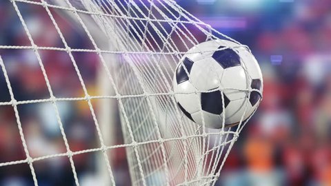 Beautiful Soccer Ball flies into Goal Net in Slow Motion. Football 3d animation of the Goal Moment. 4k Ultra HD 3840x2160.