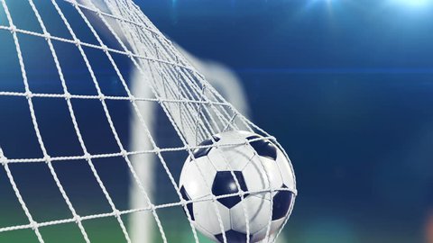 Slow Motion 3d animation of Soccer Ball flying in Goal Net. Beautiful Football Close up Sport Concept. 4k UHD 3840x2160.