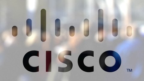 Cisco Systems logo on a glass against blurred crowd on the steet. Editorial 3D rendering
