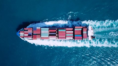 Large container ship at sea - Top down Aerial footage