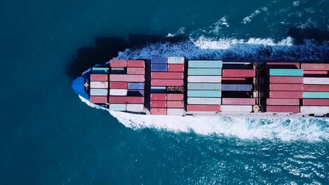 Large container ship at sea - Top down Aerial footage