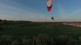shooting video of the river, field and forest from the drone, Paragliding Sport