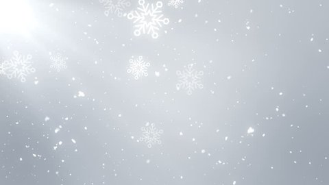 Christmas animation background motion graphics (white theme), with bokeh glittering, particles snowflakes and shine lights, looped.