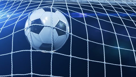 Soccer Ball flying in Goal Net in Slow Motion. Black Background and Flares. Sport Concept. Beautiful Football 3d animation of the Goal Moment. 4k Ultra HD 3840x2160.