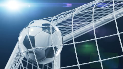 Soccer Ball flying in Goal Net and spinning in the Net in Slow Motion. Black Background and Flares. Sport Concept. Beautiful Football 3d animation of the Goal Moment. 4k Ultra HD 3840x2160.