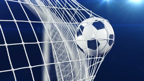 Soccer Ball flying in Goal Net in Slow Motion. Black Background and Flares. Sport Concept. Beautiful Football 3d animation of the Goal Moment. 4k Ultra HD 3840x2160.