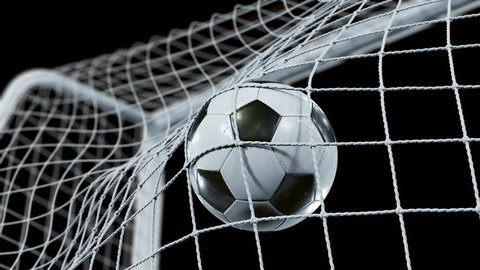 Soccer Ball flying into the Goal Net in Slow Motion. Beautiful Football 3d animation of the Goal Moment. Alpha channel Green Screen. 4k Ultra HD 3840x2160.