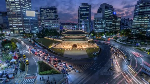 Time lapse zoom in of Traffic at Namdaemun gate and Seoul City,South Korea.