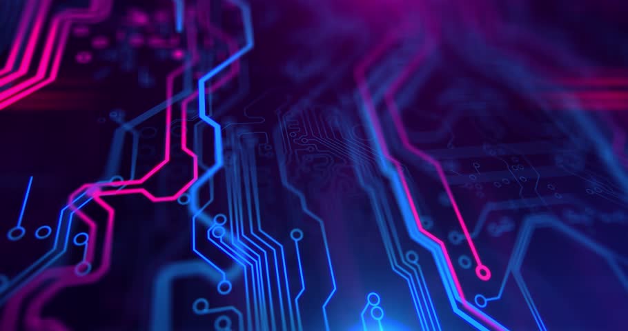 Purple, violet, blue neon background with digital integrated network technology. Printed circuit board. 3D video. Circuit board futuristic server code processing. PCB, Code, HTML.v Royalty-Free Stock Footage #31980145