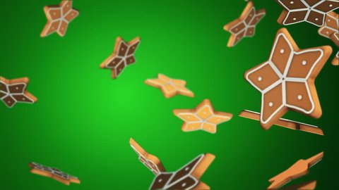 Animation of falling christmas cookies as snowflakes, christmas balls for decoration, christmas tree, christmas candies, stars and Gingerbread on colorful background. Animation of seamless loop.