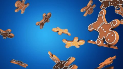 Animation of falling christmas cookies as snowflakes, christmas balls for decoration, christmas tree, christmas candies, stars and Gingerbread on colorful background. Animation of seamless loop.