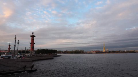 Vasilievsky island in the Neva river Delta in Saint Petersburg at sunset. Popular tourist place in Russia. Traveling to Russian cities.