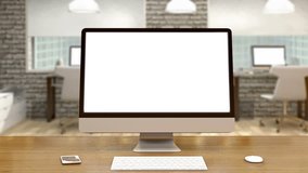 Close-up of white screen on a laptop.,brightly lit office,wood desk 4k, ultra HD