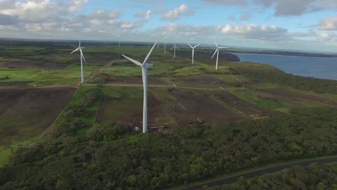 Flying around wind turbines farm and agricultural land in Australia