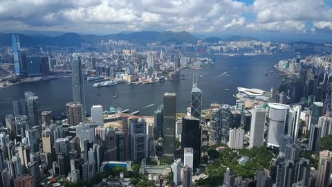 Hong Kong, China - Jun 7, 2017: 4k aerial video of Victoria Harbour in Hong Kong