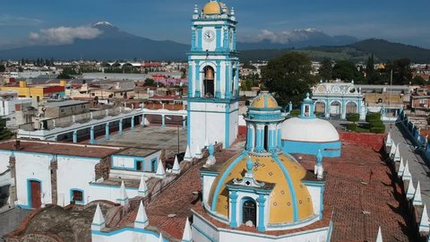 Cholula Puebla church aerial footage with Volcano