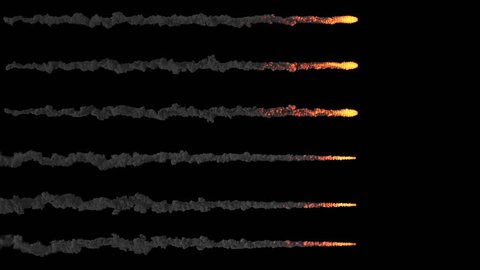 Several meteors or asteroids, trails of fire and smoke, with alpha mask. Ready for compositing (4k, 3840x2160, ultra high definition) high detailed smoke