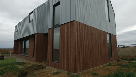 Aerial survey down up of the modular wooden house 