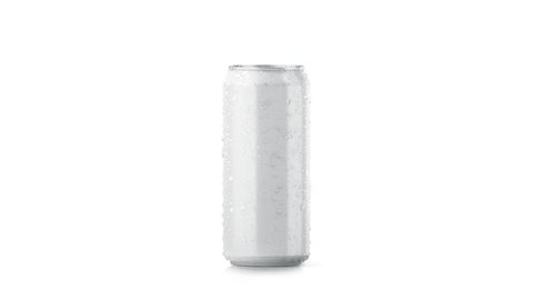 Blank big cold aluminium beer can mockup with drops, 500 ml, looped rotation, 3d rendering. Empty soda tin packing mock up with condensate, isolated on white. Canned dripping drink. Fizzy pop package