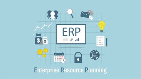 enterprise resource planning flat design. Motion background with business icons ERP. Animaion footage.