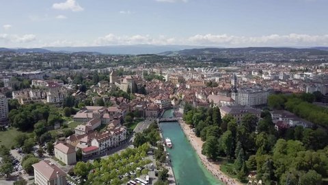 Aerial view of Annecy , French. Annecy is an alpine town in southeastern France, where Lake Annecy feeds into the Thiou River.