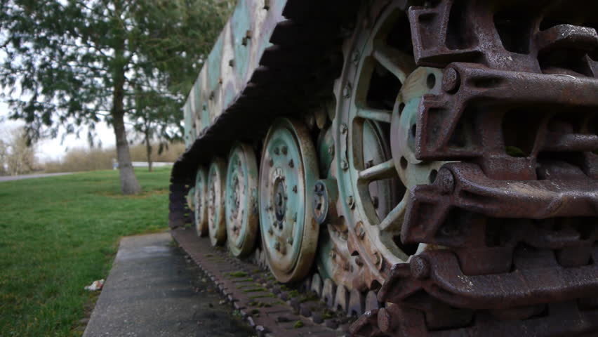 Close-up of the wheel chain of an old German tank from World War 2 located in