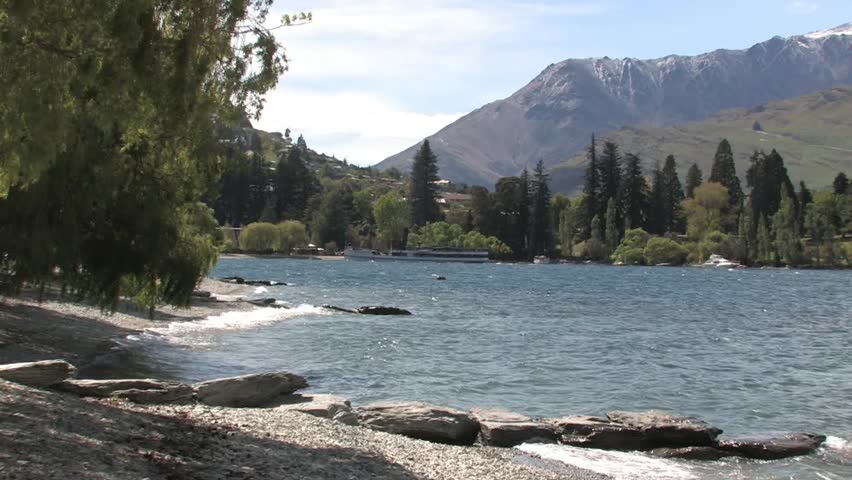 Queenstown, New Zealand. October 2012. View across Lake Wakatipu from the