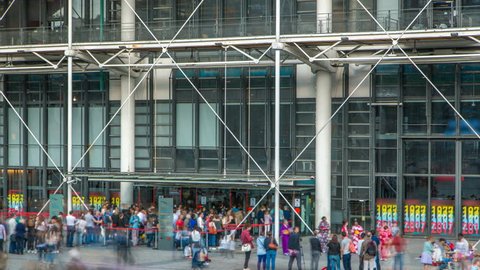 PARIS, FRANCE - CIRCA JULY 2017: Entrance to the Centre of Georges Pompidou timelapse in Paris, France. Crowd of people in long queue. It is one of the most famous museums of the modern art