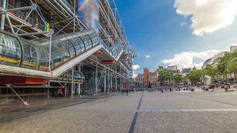PARIS, FRANCE - CIRCA JULY 2017: Facade of the Centre of Georges Pompidou timelapse hyperlapse. The Centre of Georges Pompidou is one of the most famous museums of the modern art in the world.